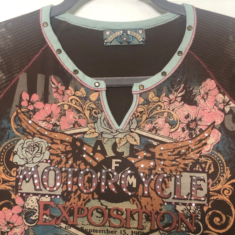 Vanilla Sugar Y2K Graphic Tee Small Ribbed Sleeve Biker Retro Boho Made in USA